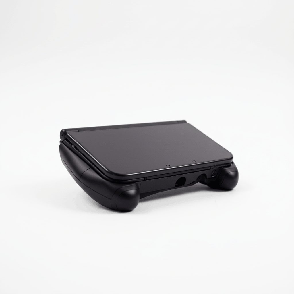 Black ergonomic hand grip holding a Nintendo 3DS XL on a white background, secure clip-on comfort accessory UK
