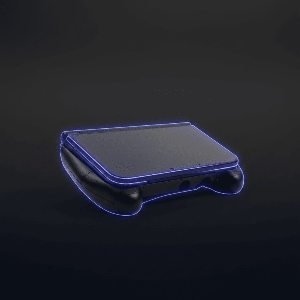 Modded 3DS XL seated in its black ergonomic hand grip, comfortable console-style hold for long gaming sessions UK