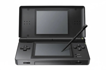 Black Nintendo DS Lite open showing dual screens - custom firmware installed