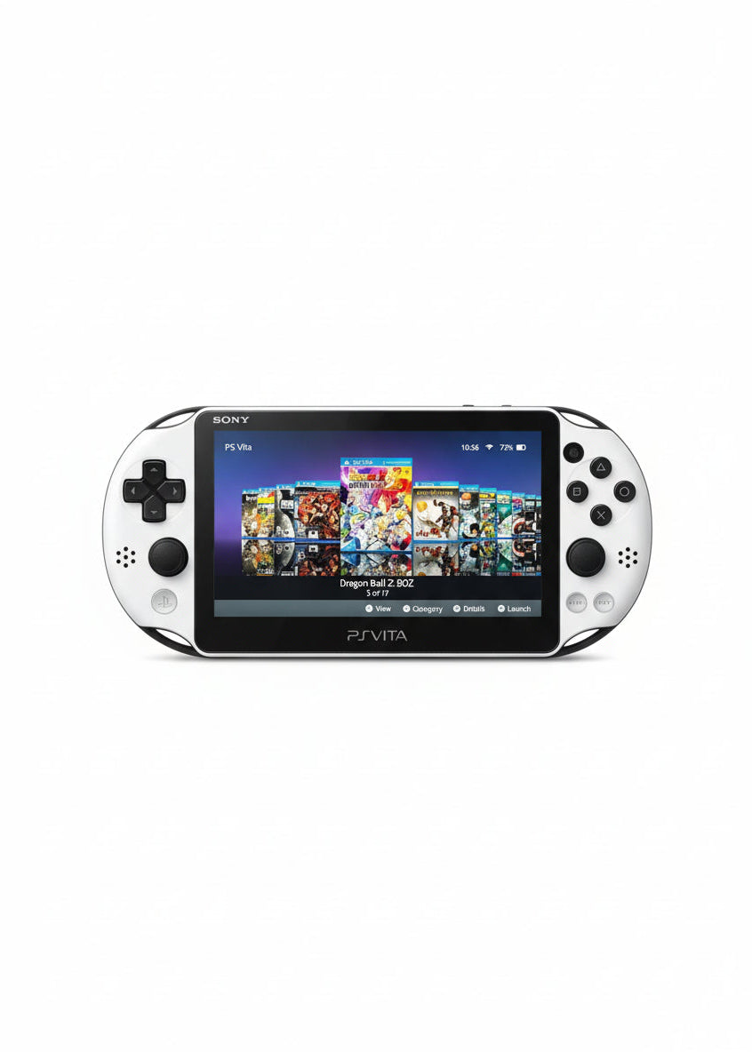 Sony PlayStation Vita gaming console on a white background White Sony PS Vita handheld console with custom firmware, pre-installed games, emulators, and 128GB SD card.