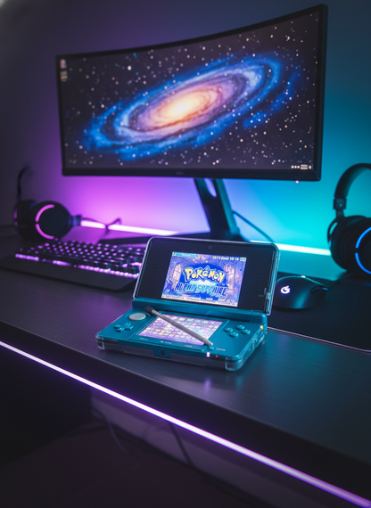 Nintendo 3DS gaming console with a blue shell Red Nintendo 3DS with a game displayed on a desk with computer equipment. Handheld 128gb 256gb custom firmware emulators anemone h shop modded 3ds 3dsxl new2dsxl 2ds N3DSXL new gaming retro handheld  displaying the 'Pokémon' game on a textured 3DS Modded 3DS Custom Firmware surface.