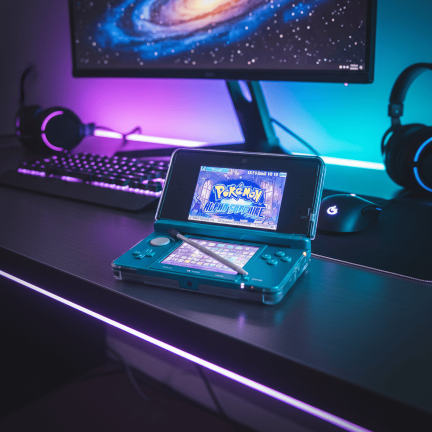 Aqua Blue Nintendo 3DS modded handheld console with custom firmware, 128GB SD card, pre-installed games and emulators