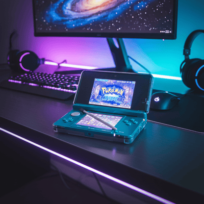 Aqua Blue Nintendo 3DS modded handheld console with custom firmware, 128GB SD card, pre-installed games and emulators