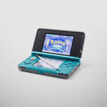 Modded Nintendo 3DS Aqua Blue displaying Pokemon game with custom firmware, 128-256GB SD card, pre-loaded emulators