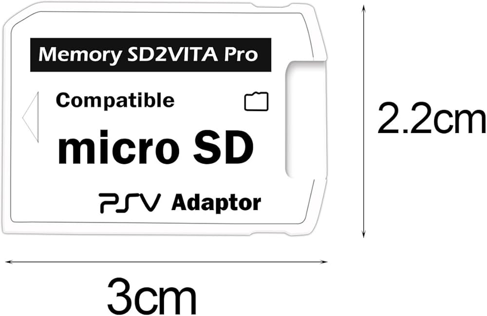 Micro SD card adapter with dimensions labeled on a white background SD2Vita adapter for Sony PS Vita, microSD memory card converter for expanded storage and modded PS Vita systems