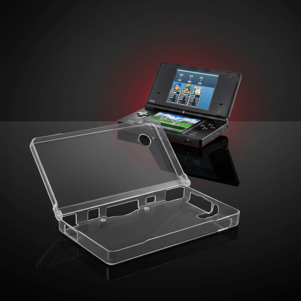 Nintendo 3DS XL clear crystal hard case open view with black console playing games red lit background