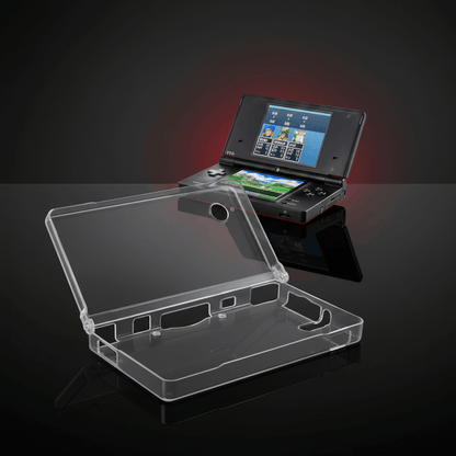 Nintendo 3DS XL clear crystal hard case open view with black console playing games red lit background