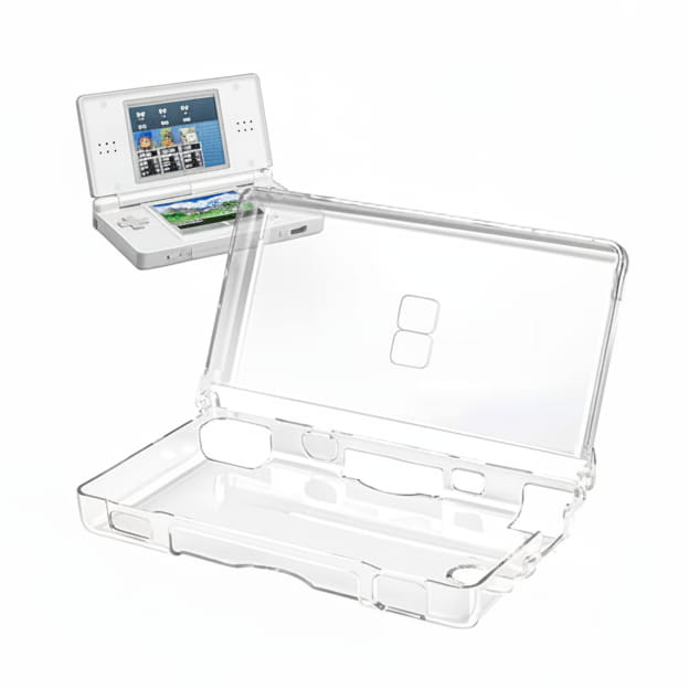 Clear crystal hard shell protective case for Nintendo DS Lite - console sitting in open case