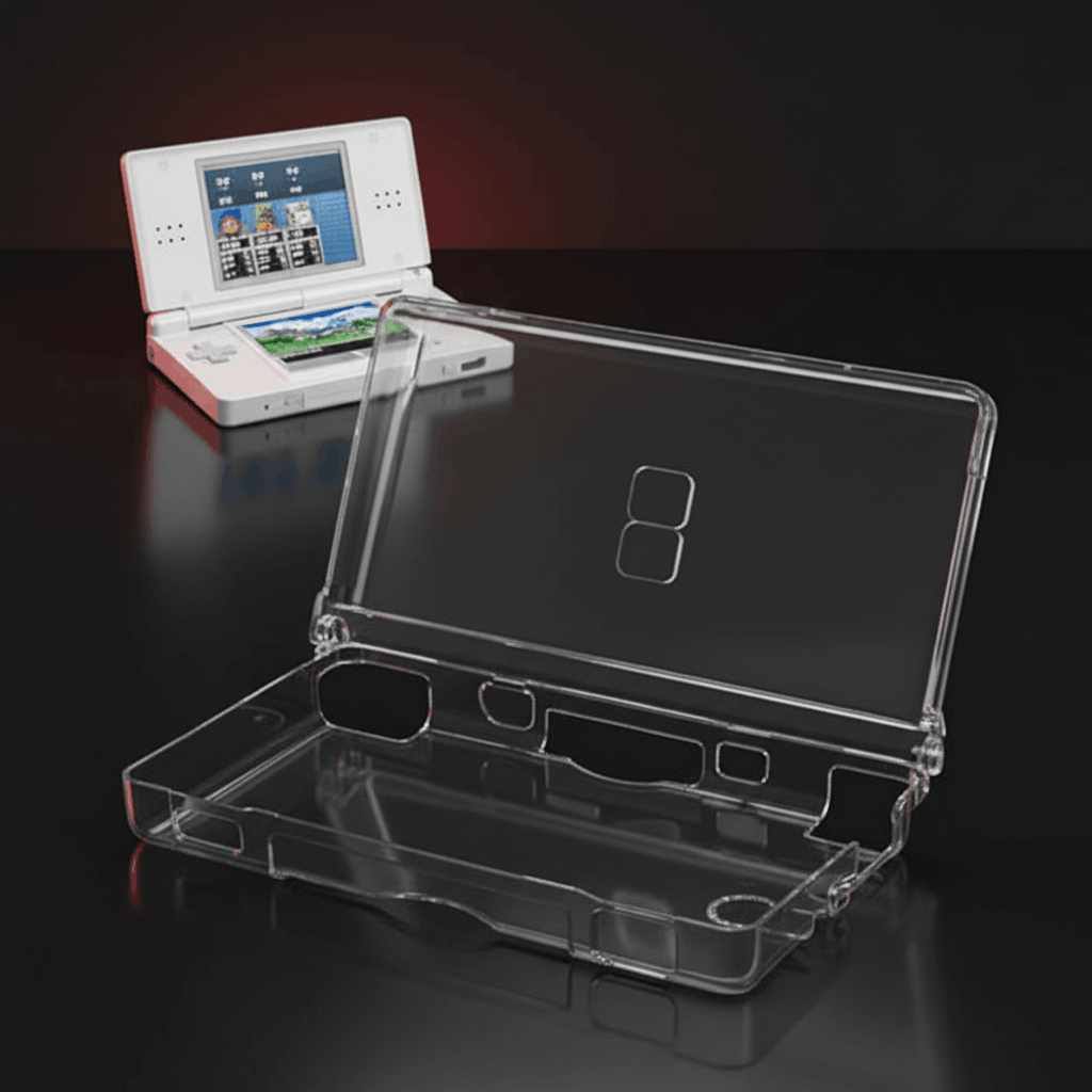Nintendo DS Lite clear crystal hard case open view with white console playing games protective cover