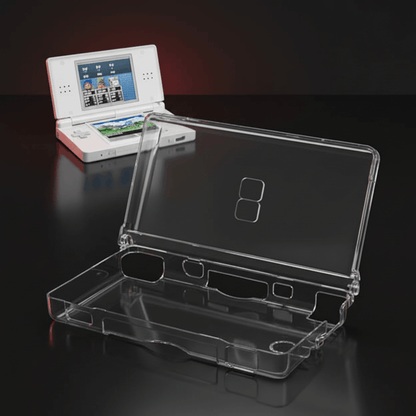 Nintendo DS Lite clear crystal hard case open view with white console playing games protective cover