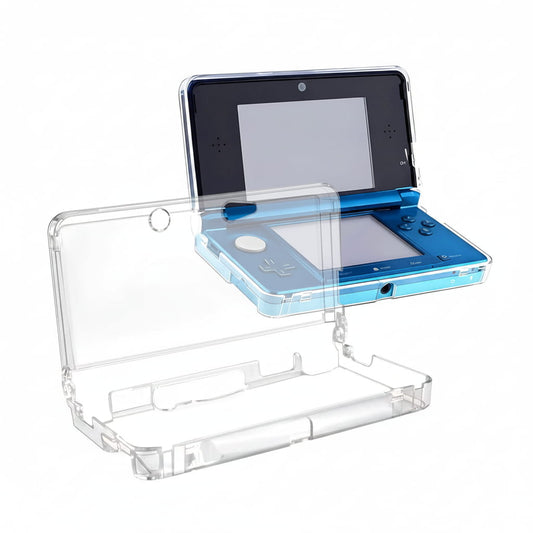 Clear crystal hard shell protective case for Nintendo 3DS - open case showing teal console inside