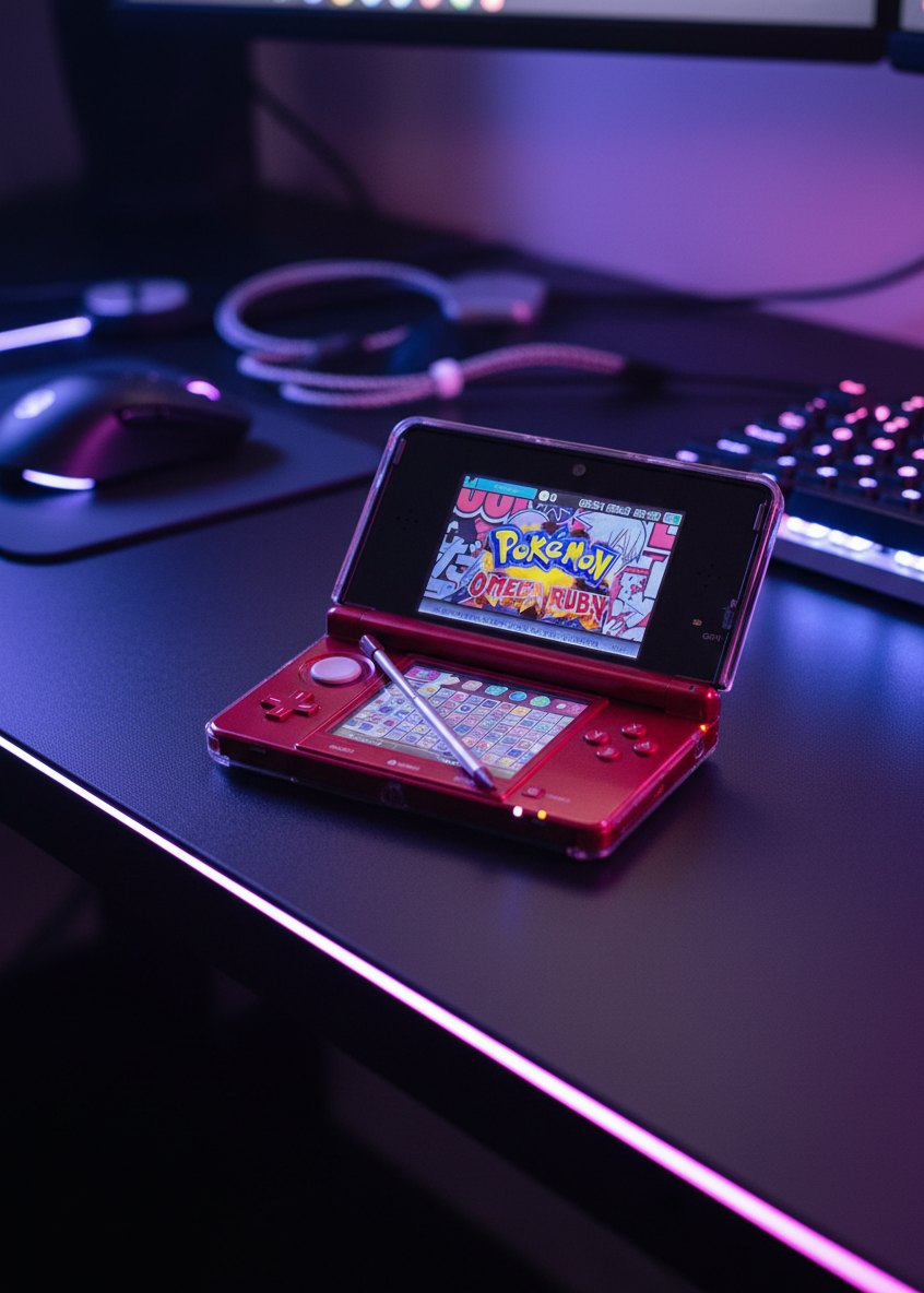 Red Nintendo 3DS with a game displayed on a desk with computer equipment. Handheld 128gb 256gb custom firmware emulators anemone h shop modded 3ds 3dsxl new2dsxl 2ds N3DSXL new gaming retro handheld 