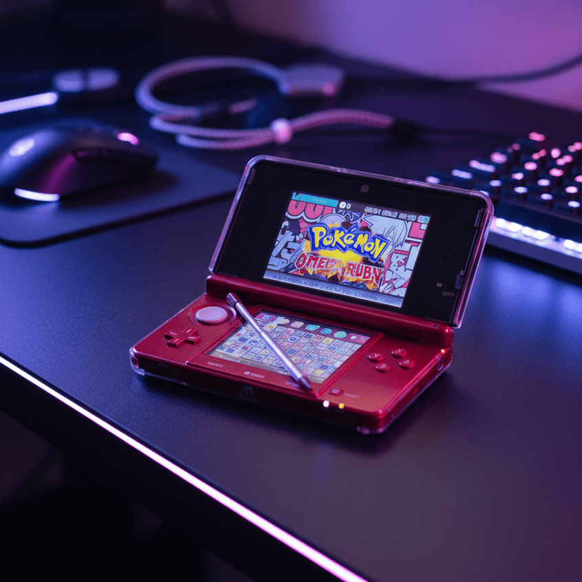 Flame Red Nintendo 3DS modded console displaying game with custom firmware and pre-installed emulators