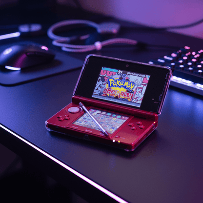 Flame Red Nintendo 3DS modded console displaying game with custom firmware and pre-installed emulators