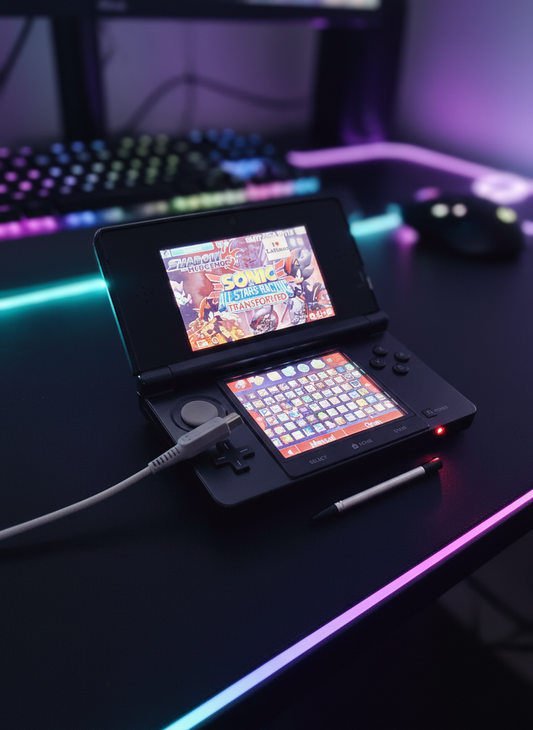 Handheld gaming console with colorful screen on a dark surface with RGB lightingNintendo DS gaming console with a stylus on a glittery gold surface 3DS Modded 3DS Custom Firmware Red Nintendo 3DS with a game displayed on a desk with computer equipment. Handheld 128gb 256gb custom firmware emulators anemone h shop modded 3ds 3dsxl new2dsxl 2ds N3DSXL new gaming retro handheld  128gb retro handheld, 3DSxl