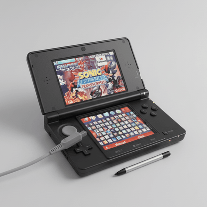 Modded Nintendo 3DS with stylus on gold surface - CFW custom firmware 128GB retro gaming handheld ModxGaming UK
