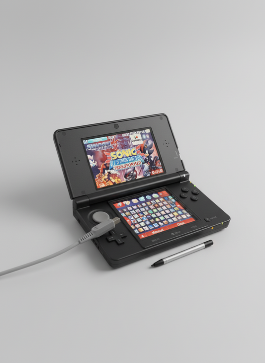 Nintendo DS gaming console with a stylus on a glittery gold surface 3DS Modded 3DS Custom Firmware Red Nintendo 3DS with a game displayed on a desk with computer equipment. Handheld 128gb 256gb custom firmware emulators anemone h shop modded 3ds 3dsxl new2dsxl 2ds N3DSXL new gaming retro handheld 