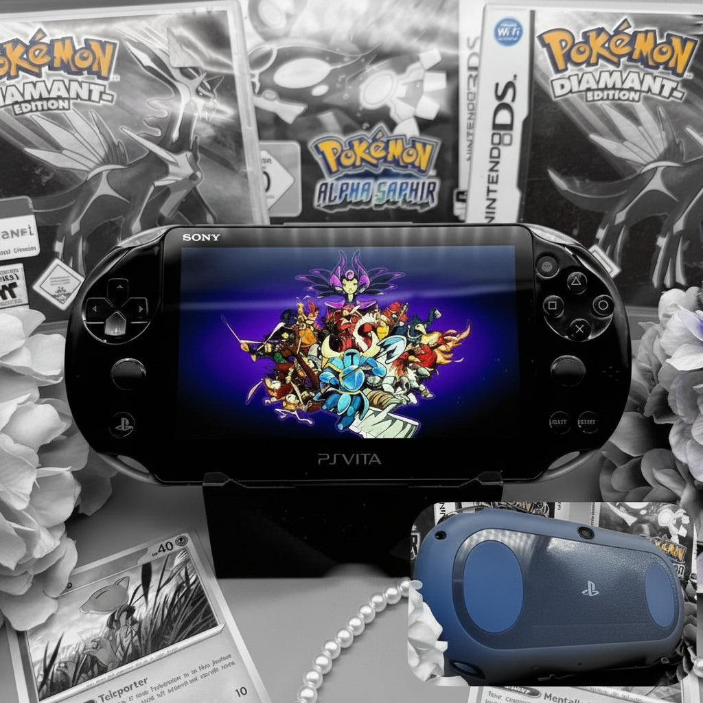 PlayStation Vita displaying a Pokémon game with Pokémon trading cards and gaming cases in the background. Black PS Vita modded console with Pokemon games - custom firmware PlayStation portable UK