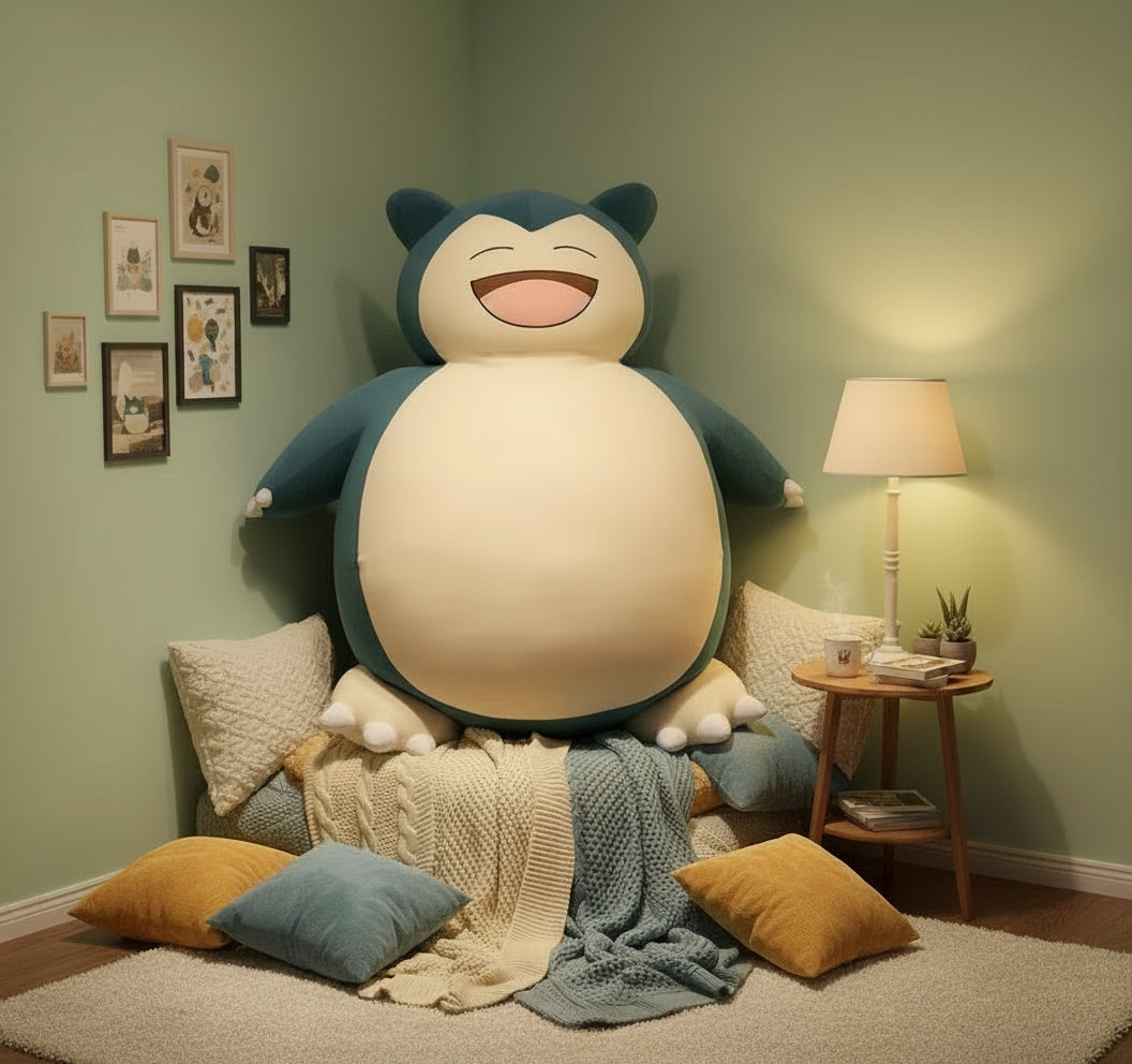 Large plush toy resembling a cartoon character in a cozy room with pillows and a lamp. Snorlax plush toy Pokémon stuffed animal soft plushie.”

“Cute Snorlax plushie Pokémon character stuffed toy for kids and collectors.”

“Large Snorlax plush Pokémon soft toy for fans and gifts.”
