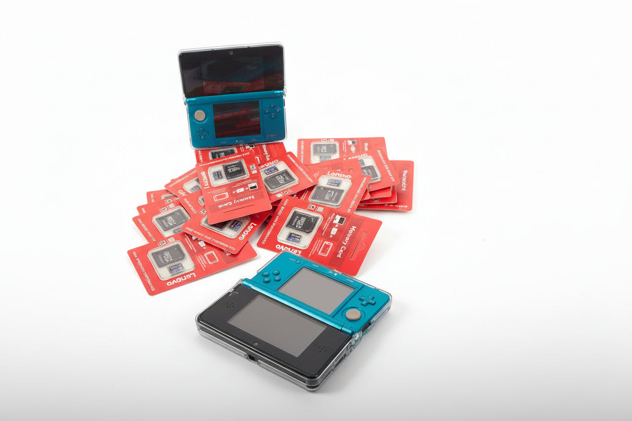 Two blue gaming devices with red cards featuring game icons on a white background Retro handheld gaming console 128GB SD professionally modded pre-installed games emulators custom firmware UK ModxGaming