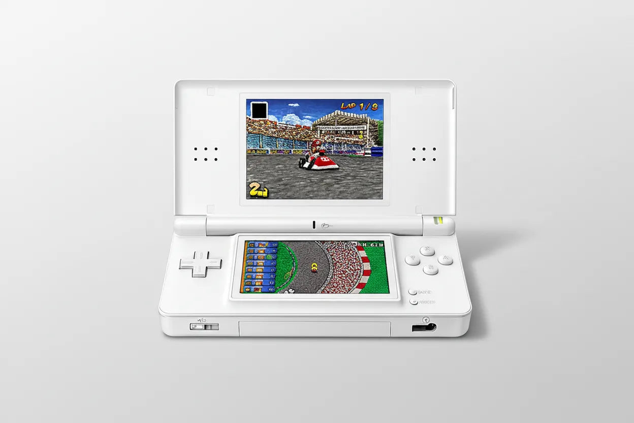 White modded DS Lite console open showing screens - thousands of preloaded games