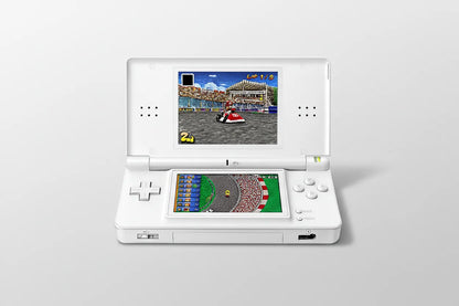 White modded DS Lite console open showing screens - thousands of preloaded games