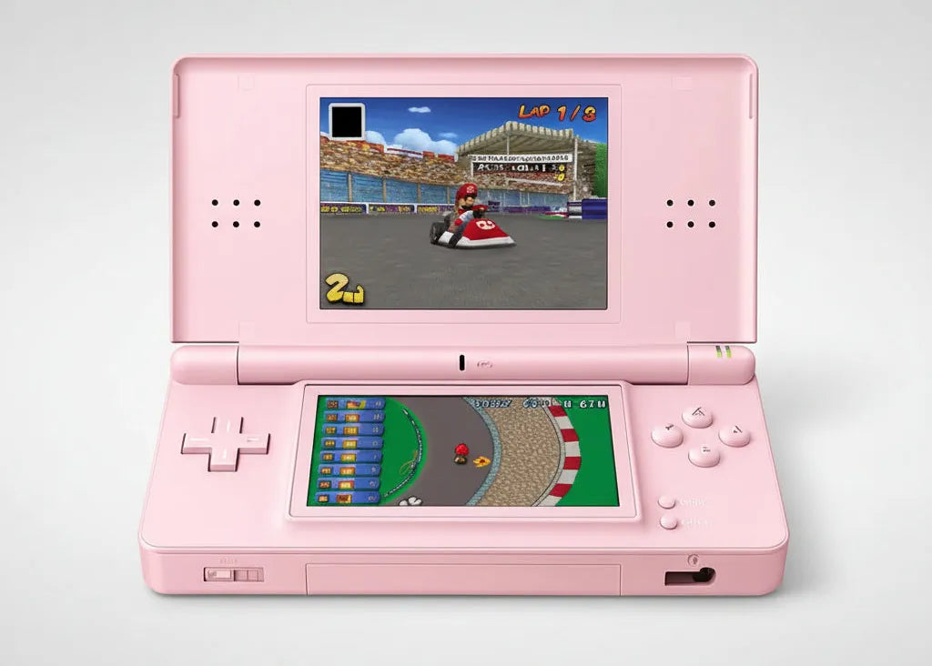 Pink Nintendo DS Lite closed with charger - premium modded console