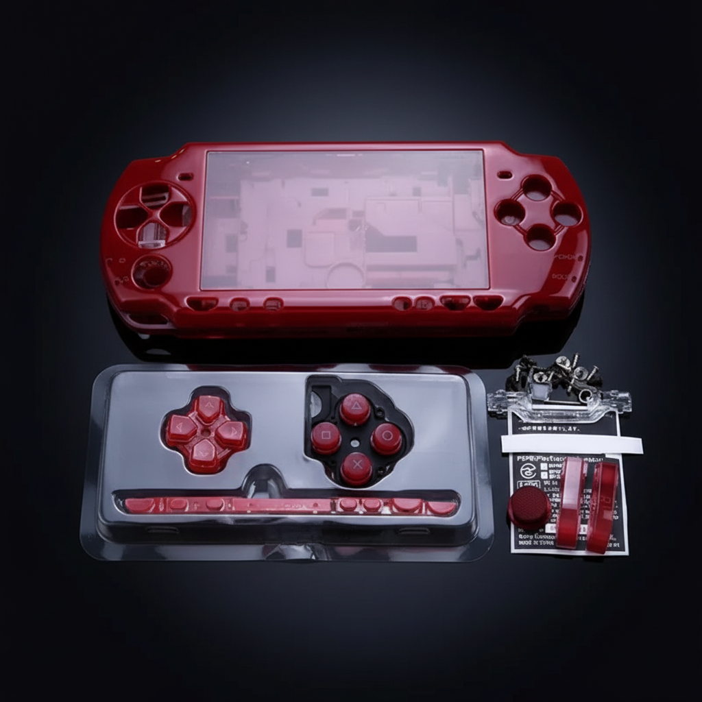 Metallic red PSP 2000 replacement shell kit with matching buttons, screws and fitting accessories