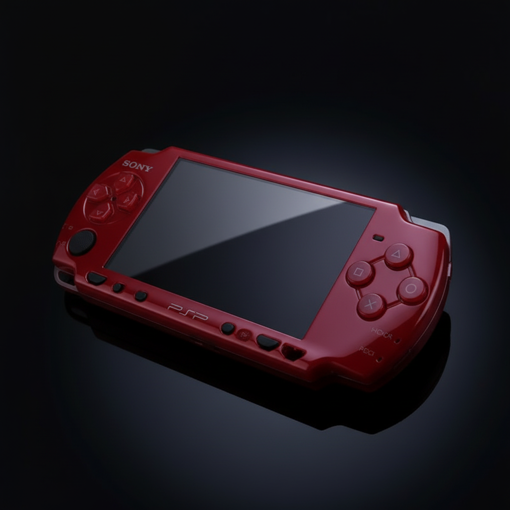 Metallic red PSP 2000 replacement shell fitted to console with glossy black screen