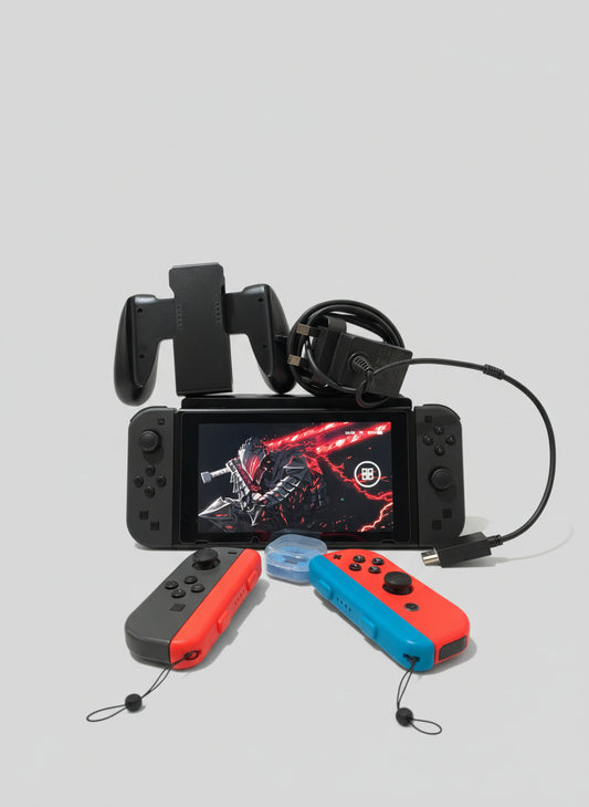 Gaming console with broken screen and red and blue controllers on a textured surface  Modded 128GB SD Custom firmware Switch Modded Switch 