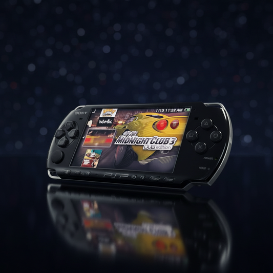 Modded PSP-3000 handheld console in piano black, displayed at an angle on a dark reflective surface with cinematic bokeh lighting and Midnight Club 3 on screen — ModxGaming UK