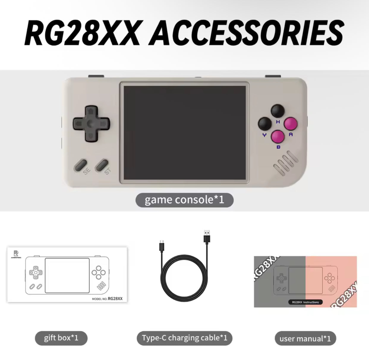 Handheld game console with accessories on a white background 1. Modded ANBERNIC handheld gaming console with 5000+ retro games and 64GB SD card
2. ANBERNIC retro handheld console featuring 5000+ preloaded games and 64GB storage