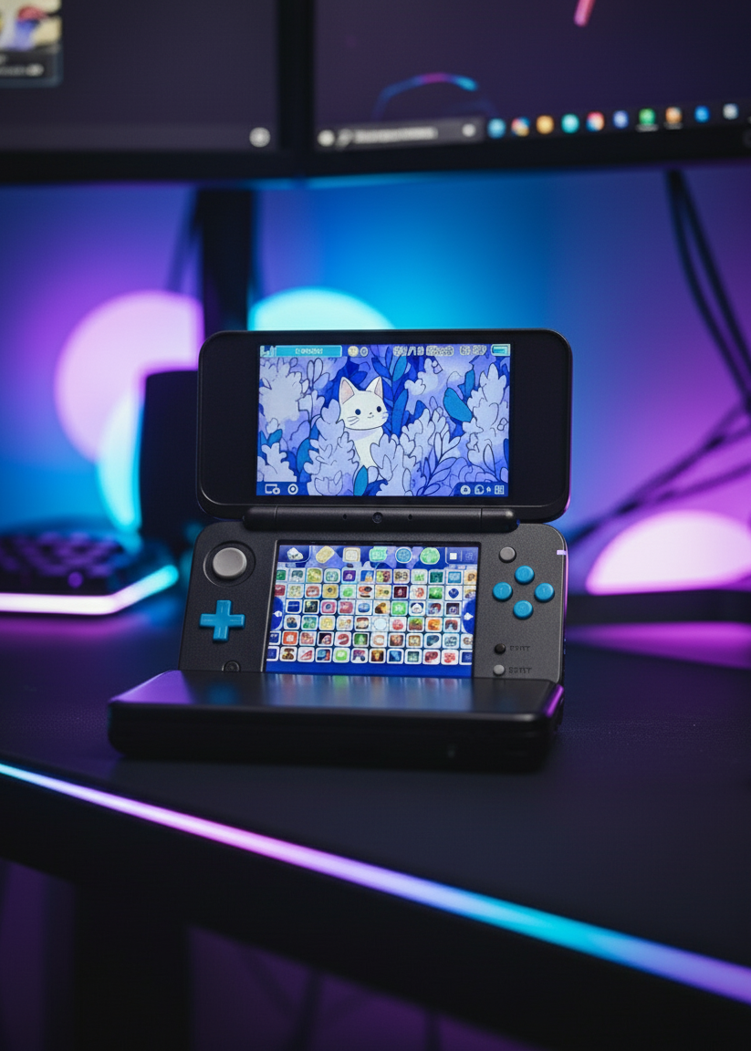 White handheld gaming console with dual screens on a desk with colorful lighting Modded New Nintendo 2DS XL with Luma custom firmware, 128GB SD card, emulators, homebrew apps, and pre-installed software, displayed in excellent condition for retro and 3DS gaming.