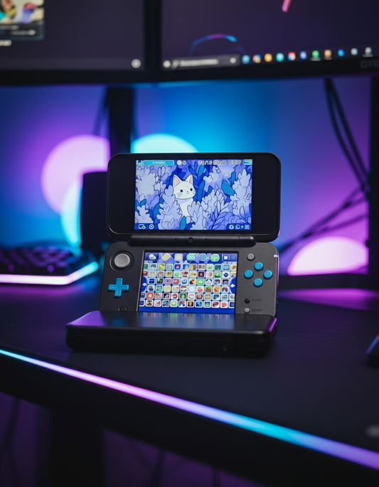 White handheld gaming console with dual screens on a desk with colorful lighting Modded New Nintendo 2DS XL with Luma custom firmware, 128GB SD card, emulators, homebrew apps, and pre-installed software, displayed in excellent condition for retro and 3DS gaming.
