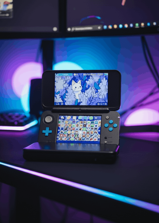 Modded New Nintendo 2DS XL white console with dual screens and RGB lighting - 64-128GB custom firmware ready to play
