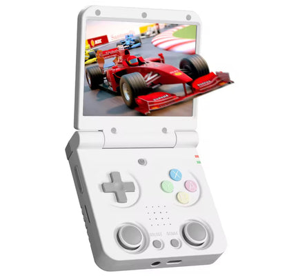 White handheld gaming console with screen displaying a racing game on a white background MIYOO Flip V2 retro handheld gaming console with clamshell design, 3.5-inch IPS 640×480 screen, RK3566 quad-core CPU, dual analog sticks, 1GB RAM, 64GB microSD support, Wi-Fi, Bluetooth, USB-C charging, 3000mAh battery, metal hinge, and upgraded controls for multi-system emulation.