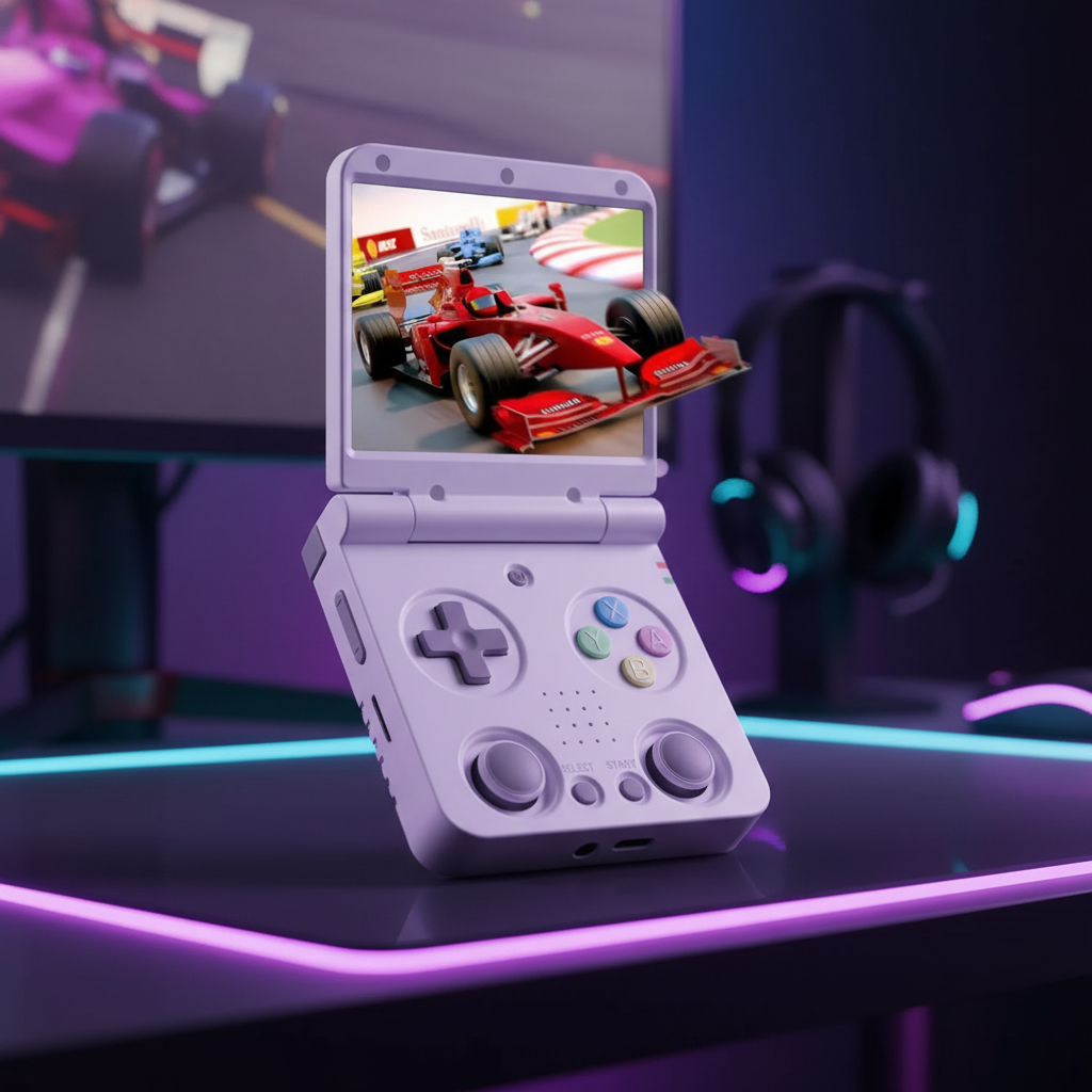 Handheld gaming console with a racing game displayed on the screen, set against a gaming-themed background. MIYOO Flip V2 retro handheld gaming console with clamshell design, 3.5-inch IPS 640×480 screen, RK3566 quad-core CPU, dual analog sticks, 1GB RAM, 64GB microSD support, Wi-Fi, Bluetooth, USB-C charging, 3000mAh battery, metal hinge, and upgraded controls for multi-system emulation.