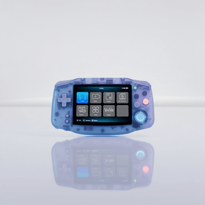 RG34XX Glacier translucent design showing internal components - modded retro gaming handheld
