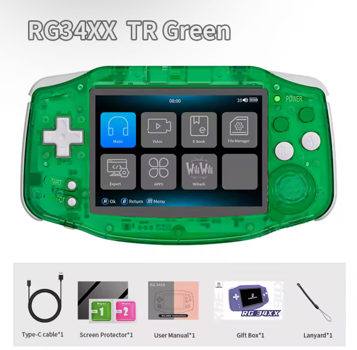 Anbernic RG34XX Green retro handheld - side view showing controls and premium build quality

