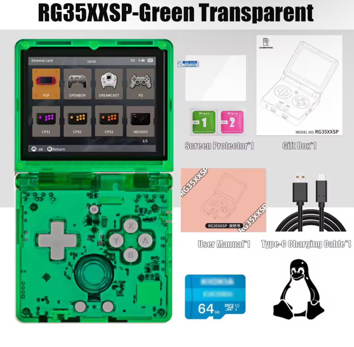 Green transparent handheld gaming device with accessories on a white background Modded Game Boy Advance SP with 64GB memory card, IPS backlit screen and custom shell – restored and upgraded handheld console.”
