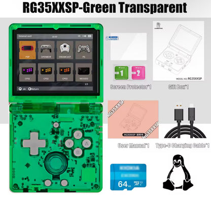 Green transparent handheld gaming device with accessories on a white background Modded Game Boy Advance SP with 64GB memory card, IPS backlit screen and custom shell – restored and upgraded handheld console.”
