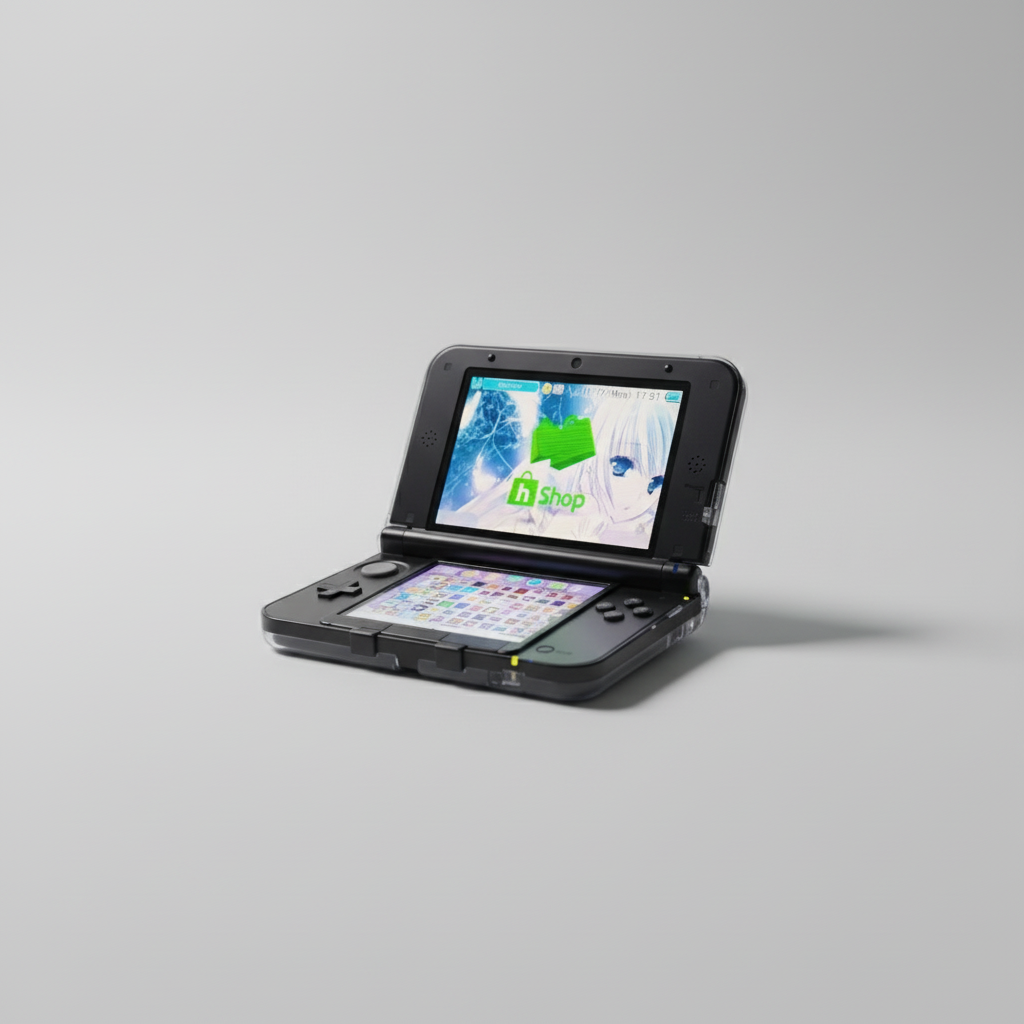 Black handheld gaming device with a screen displaying a game on a gray background Modified Nintendo 3DS XL with custom firmware, Luma3DS, homebrew apps, emulators, customizable themes, and enhanced performance features. Red Nintendo 3DS with a game displayed on a desk with computer equipment. Handheld 128gb 256gb custom firmware emulators anemone h shop modded 3ds 3dsxl new2dsxl 2ds N3DSXL new gaming retro handheld 