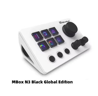MBox N3 Black Global Edition control panel with buttons and joystick on a white backgroundElgato Stream Deck device on a desk with customizable LCD keys”

“Stream Deck with illuminated macro buttons used for streaming control”

“Elgato Stream Deck showing programmable hotkey icons”

“Compact Stream Deck controller for creators with customizable shortcuts”