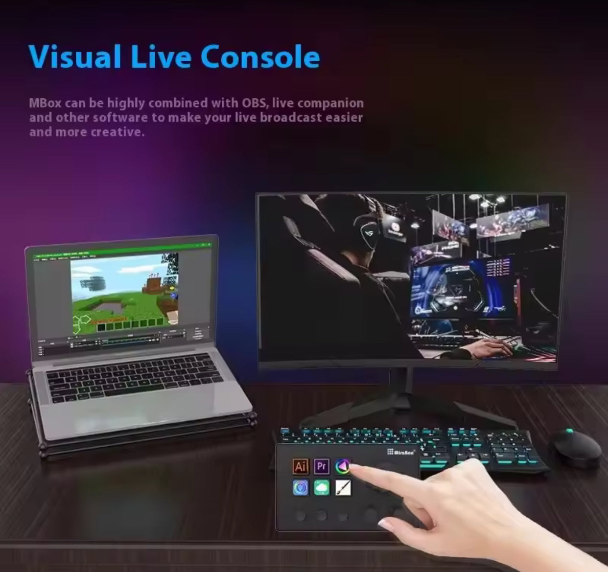 Laptop and monitor setup with software interface on a dark backgroundElgato Stream Deck device on a desk with customizable LCD keys”

“Stream Deck with illuminated macro buttons used for streaming control”

“Elgato Stream Deck showing programmable hotkey icons”

“Compact Stream Deck controller for creators with customizable shortcuts”