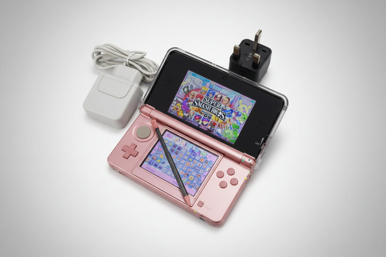 Pink handheld gaming device with screen displaying colorful graphics on a carpeted floor.Pink handheld gaming device with screen displaying 'Super Smash Bros.' game on a glittery gold surface. 3DS Modded 3DS Custom Red Nintendo 3DS with a game displayed on a desk with computer equipment. Handheld 128gb 256gb custom firmware emulators anemone h shop modded 3ds 3dsxl new2dsxl 2ds N3DSXL new gaming retro handheld  Firmware