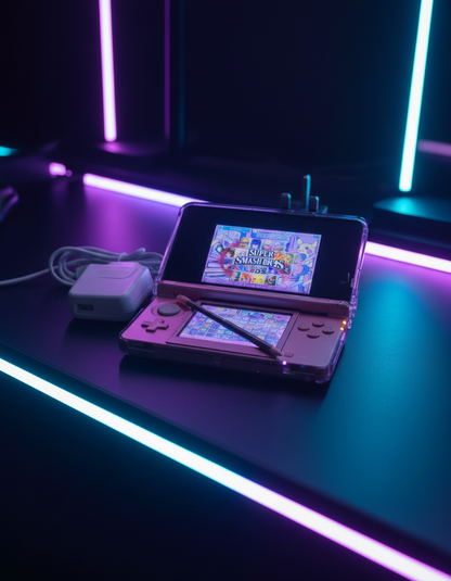 Pink handheld gaming device with screen displaying 'Super Smash Bros.' game on Red Nintendo 3DS with a game displayed on a desk with computer equipment. Handheld 128gb 256gb custom firmware emulators anemone h shop modded 3ds 3dsxl new2dsxl 2ds N3DSXL new gaming retro handheld  a glittery gold surface. 3DS Modded 3DS Custom Firmware