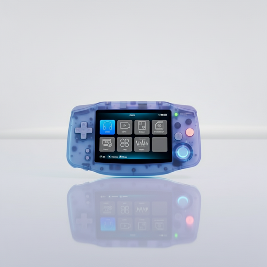 Handheld gaming console with a transparent blue casing on a light gray background Modded Nintendo GBA handheld console with upgraded screen and 64GB storage”
2. “Front view of modded GBA with enhanced display and custom buttons”
3. “Back view of upgraded Game Boy Advance handheld console”
4. “Close-up of the modded GBA screen and controls”
5. “64GB modded Nintendo GBA shown with rechargeable battery upgrade”
6. “Custom Nintendo GBA handheld console for retro gaming”