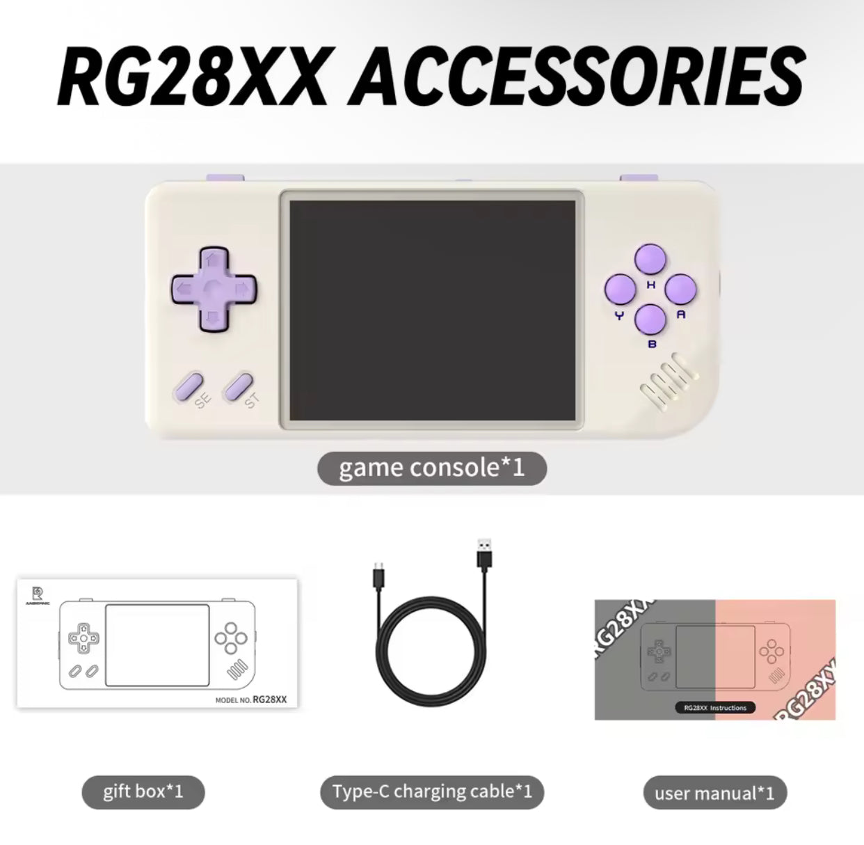 Game console with accessories on a white background 1. Modded ANBERNIC handheld gaming console with 5000+ retro games and 64GB SD card
2. ANBERNIC retro handheld console featuring 5000+ preloaded games and 64GB storage