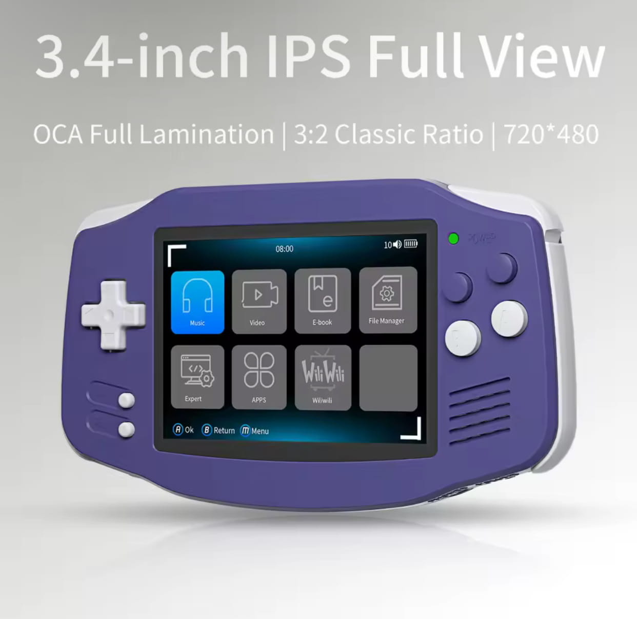 Anbernic RG34XX Indigo retro gaming handheld with preloaded emulators and games
