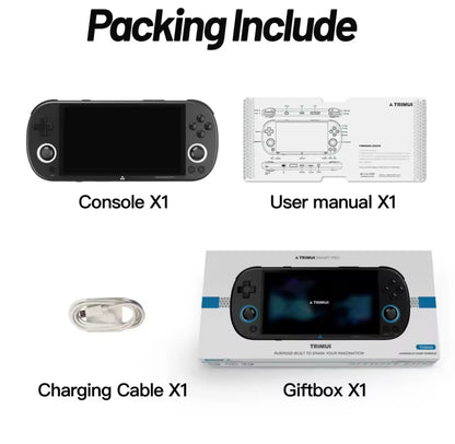 Packing list with console, user manual, charging cable, and giftbox on a white background 128GB microSD 256GB 64GB No SD handheld console  linux